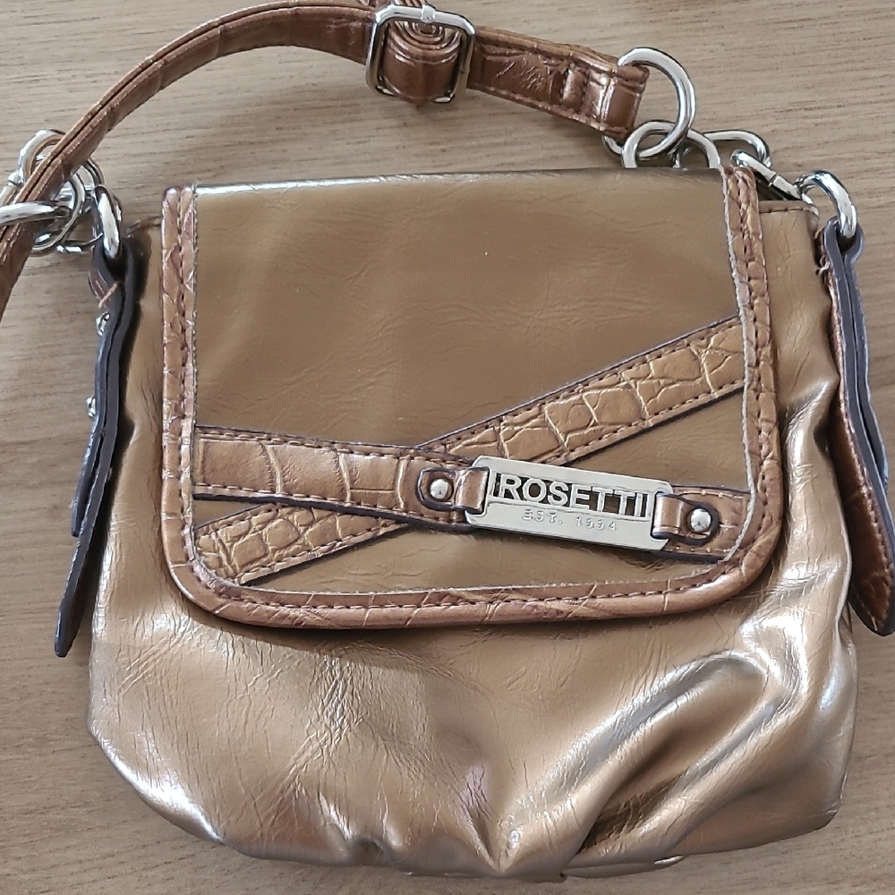 Rosetti Tan Crossbody Bag with Flap Closure and Metal Accents